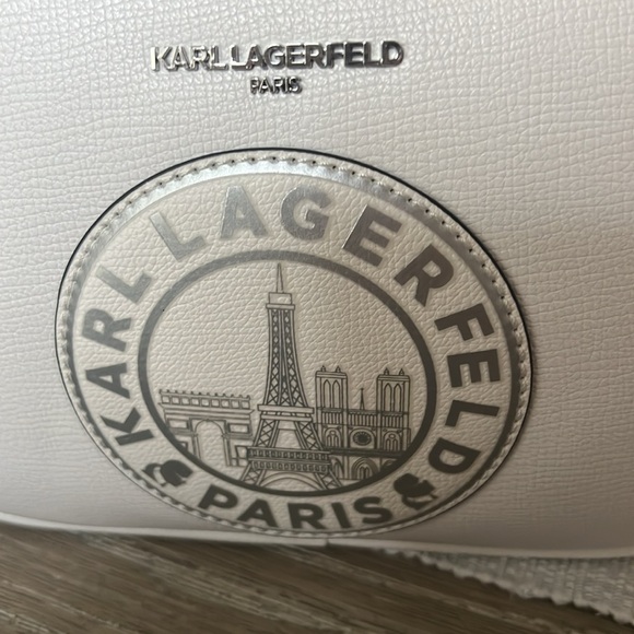 NWT Karl Lagerfeld Paris White Crossbody w/ Guitar Strap Silver Hardware Dustbag - Picture 3 of 10